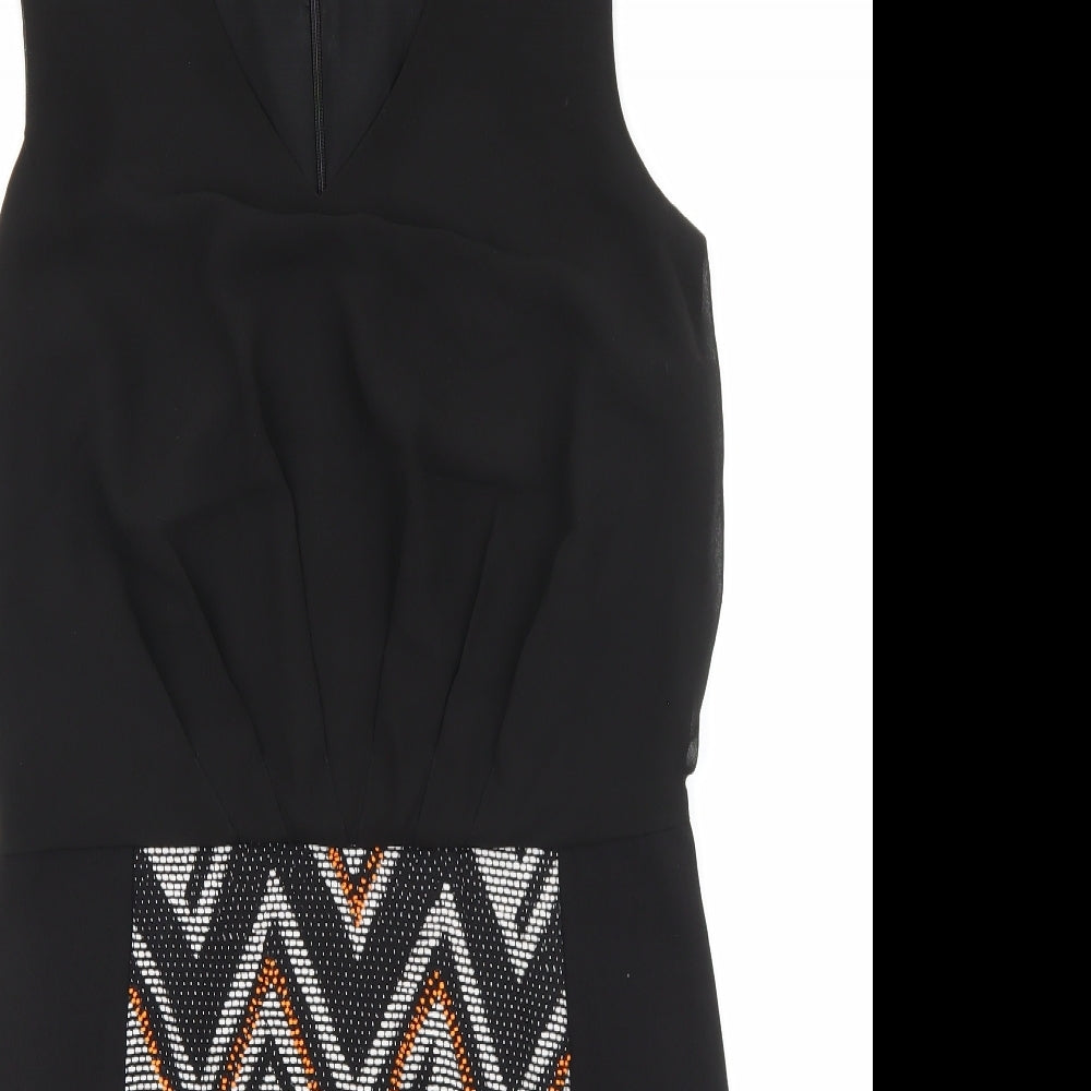 Warehouse Womens Black Geometric Polyester Shift Size 12 V-Neck Zip