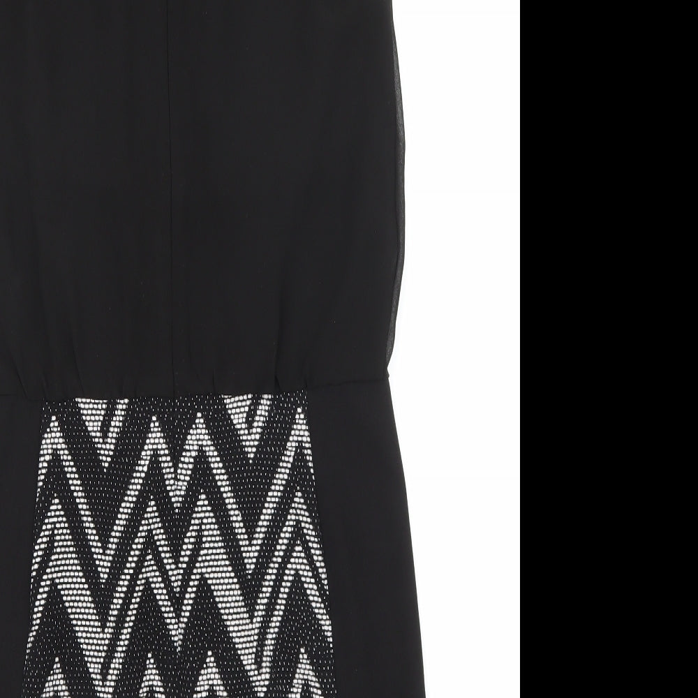 Warehouse Womens Black Geometric Polyester Shift Size 12 V-Neck Zip