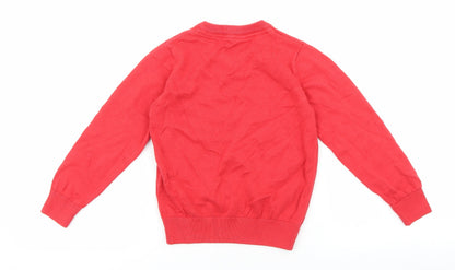 Marks and Spencer Girls Red V-Neck 100% Cotton Pullover Jumper Size 5-6 Years Pullover