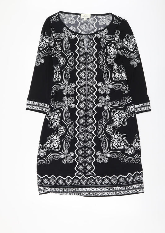 Linea Womens Black Geometric Polyester A-Line Size 10 Round Neck Pullover