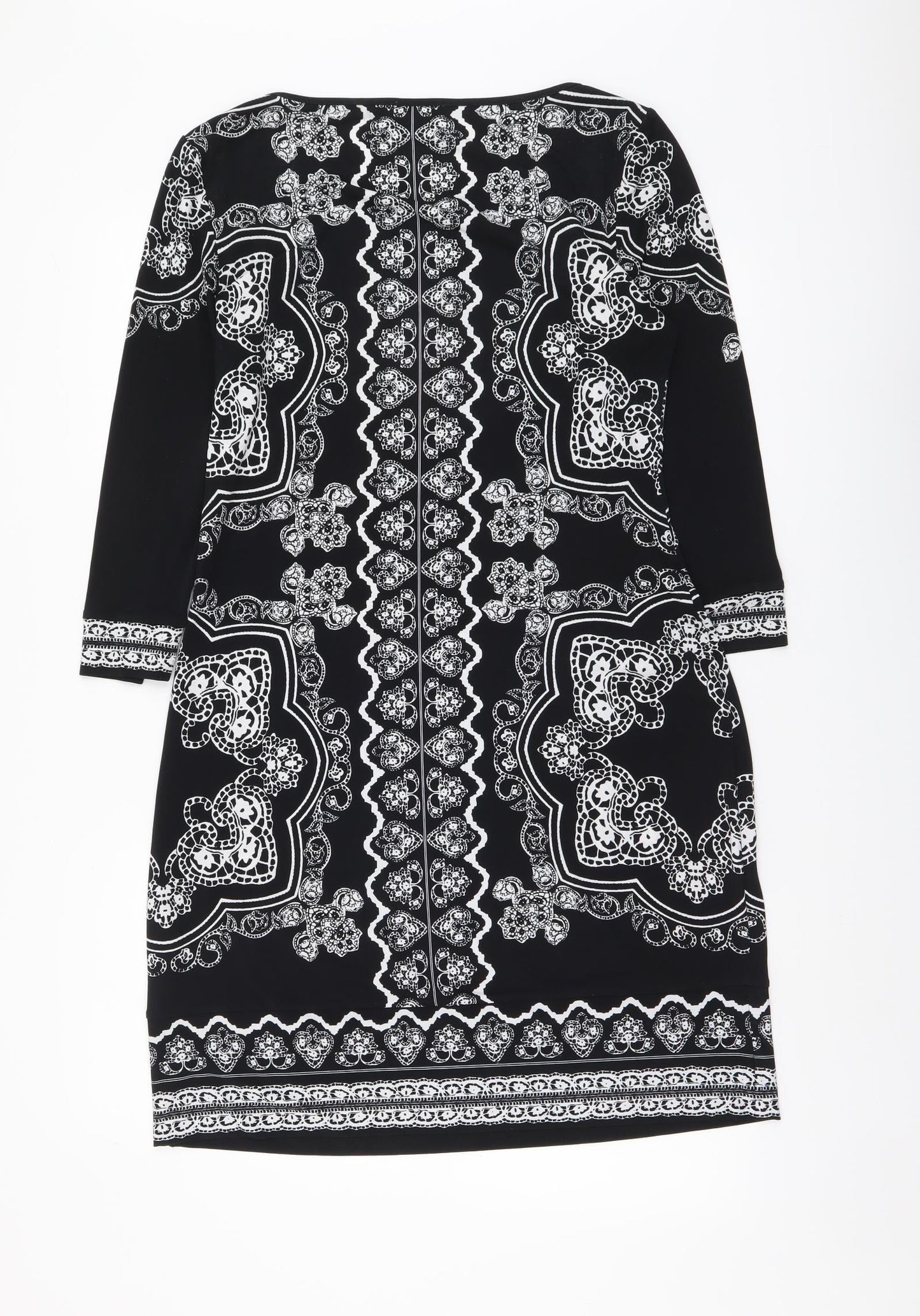 Linea Womens Black Geometric Polyester A-Line Size 10 Round Neck Pullover