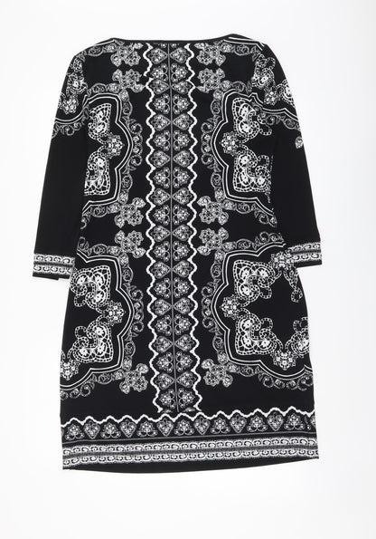 Linea Womens Black Geometric Polyester A-Line Size 10 Round Neck Pullover