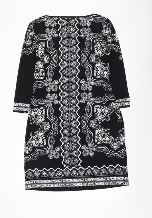 Linea Womens Black Geometric Polyester A-Line Size 10 Round Neck Pullover