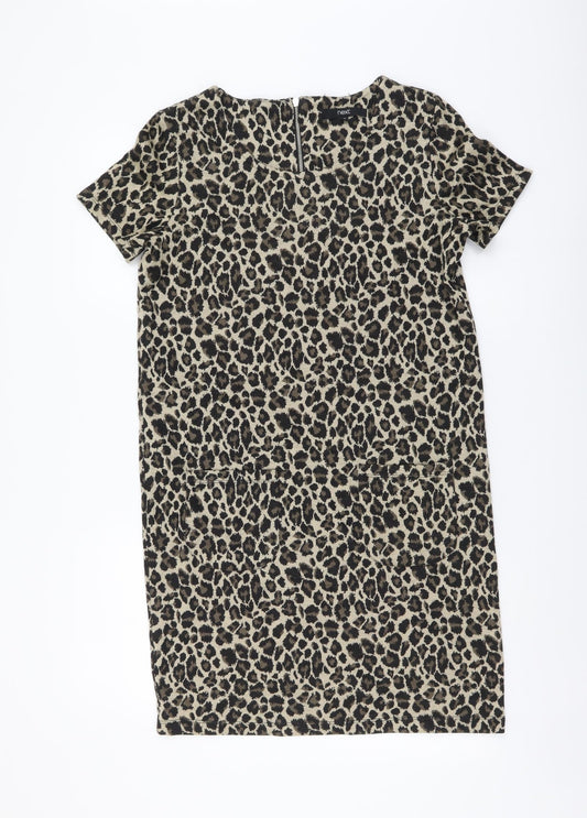 NEXT Womens Brown Animal Print Polyester Pinafore/Dungaree Dress Size 10 Round Neck Pullover - Leopard Print