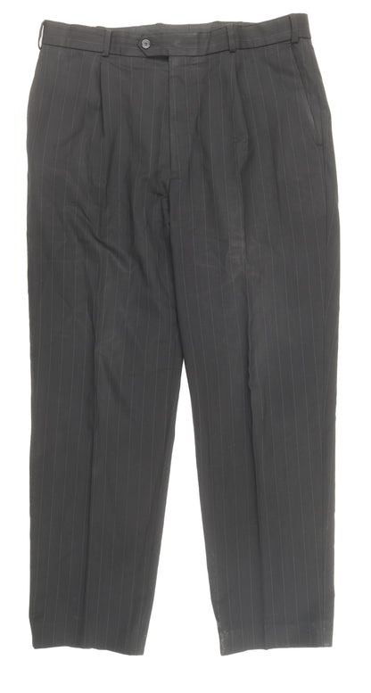 Preworn Mens Black Striped Wool Trousers Size 36 in Regular Zip