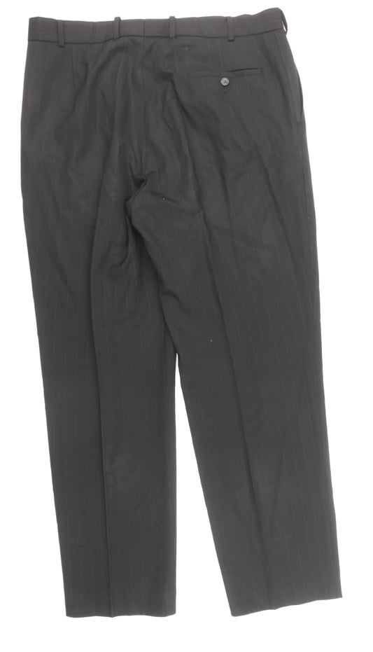 Preworn Mens Black Striped Wool Trousers Size 36 in Regular Zip