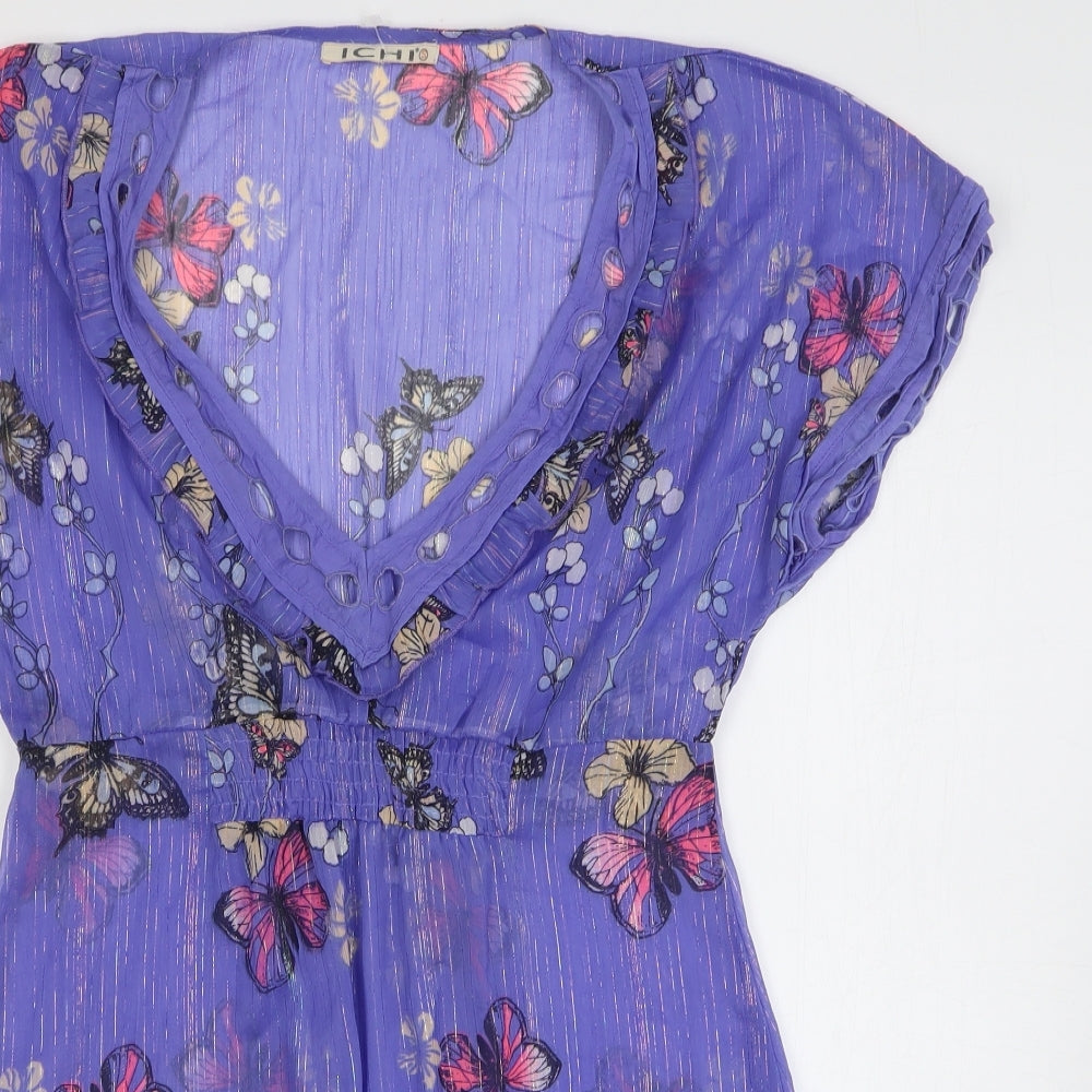 ICHI Womens Purple Geometric Polyester A-Line Size S V-Neck Pullover - Butterfly Print