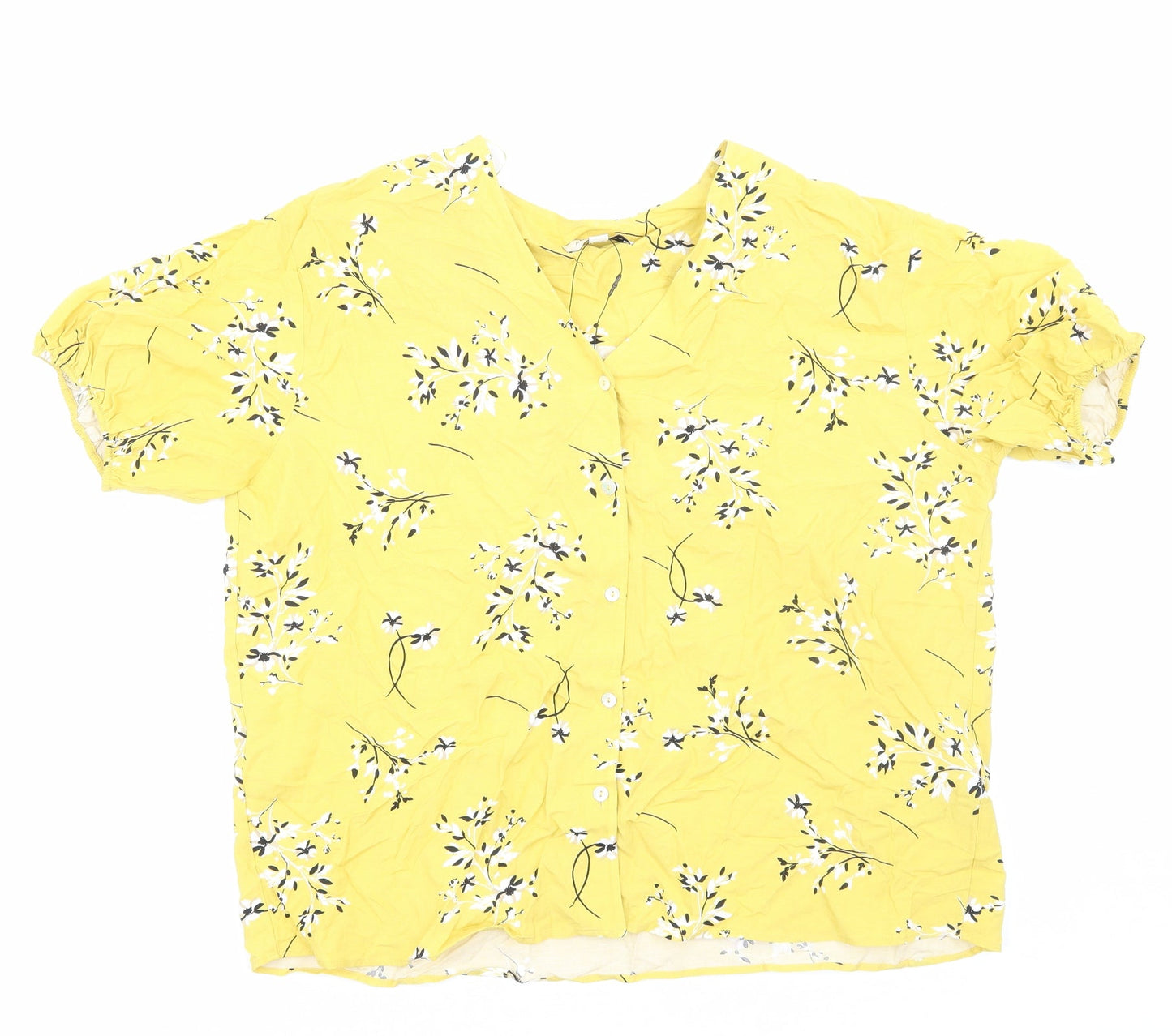 Autograph Womens Yellow Floral Viscose Basic Button-Up Size 14 V-Neck