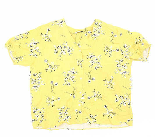 Autograph Womens Yellow Floral Viscose Basic Button-Up Size 14 V-Neck