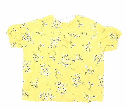 Autograph Womens Yellow Floral Viscose Basic Button-Up Size 14 V-Neck