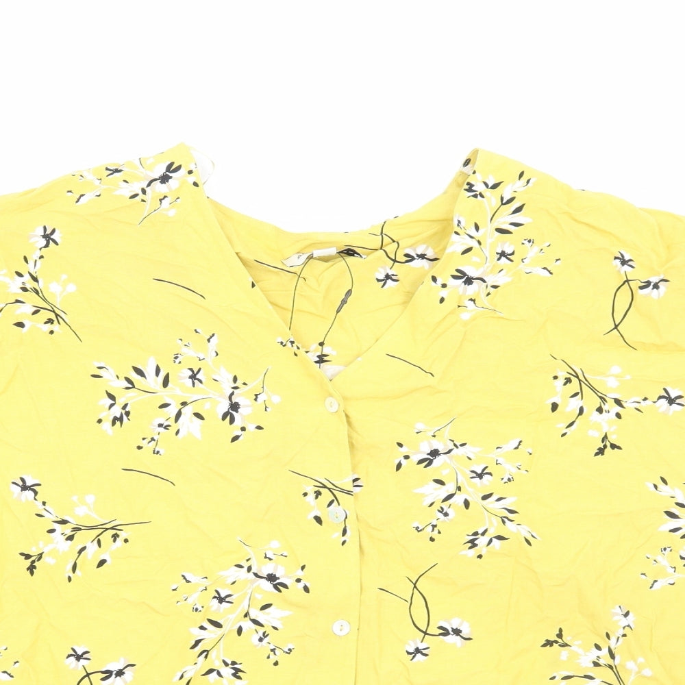 Autograph Womens Yellow Floral Viscose Basic Button-Up Size 14 V-Neck
