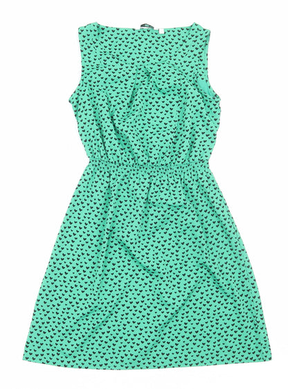 New Look Womens Green Geometric Polyester Fit & Flare Size 6 Scoop Neck Pullover - Heart Pattern