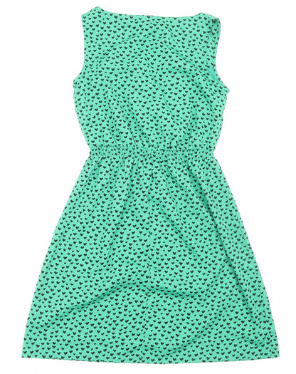 New Look Womens Green Geometric Polyester Fit & Flare Size 6 Scoop Neck Pullover - Heart Pattern