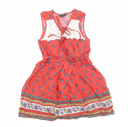 Dorothy Perkins Womens Red Geometric Cotton Fit & Flare Size 8 V-Neck Pullover