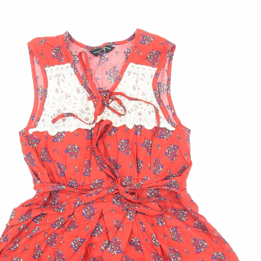 Dorothy Perkins Womens Red Geometric Cotton Fit & Flare Size 8 V-Neck Pullover