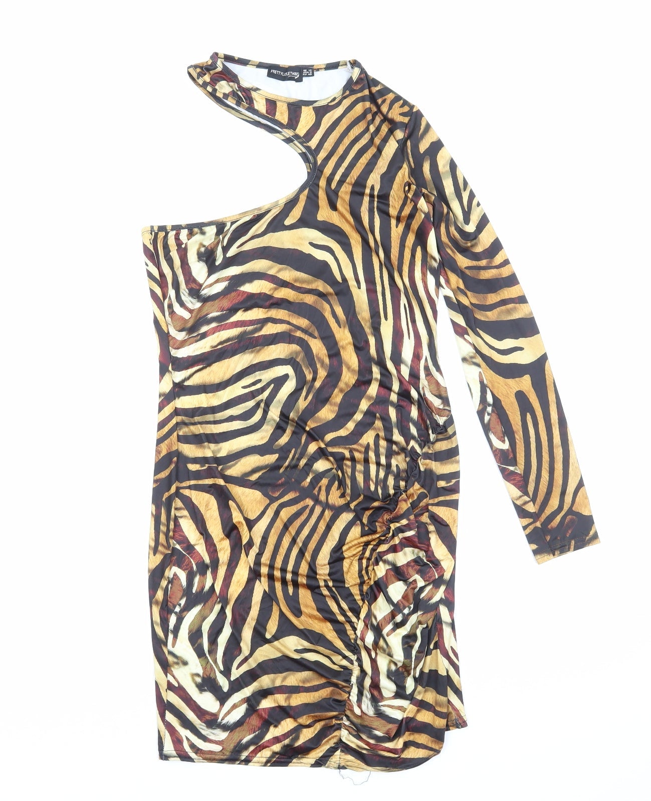 PRETTYLITTLETHING Womens Brown Animal Print Polyester Mini Size 12 One Shoulder Pullover
