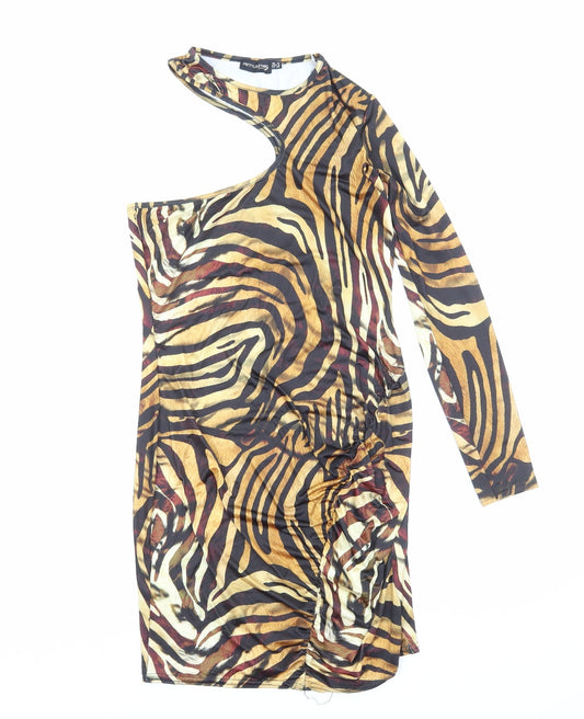PRETTYLITTLETHING Womens Brown Animal Print Polyester Mini Size 12 One Shoulder Pullover