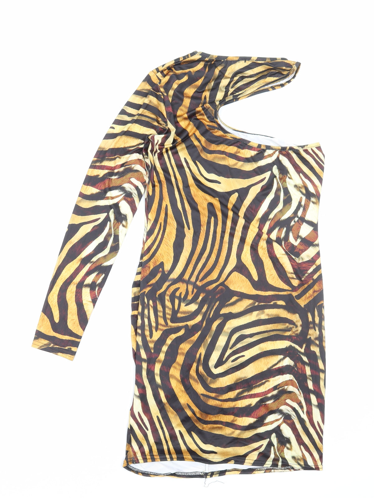 PRETTYLITTLETHING Womens Brown Animal Print Polyester Mini Size 12 One Shoulder Pullover