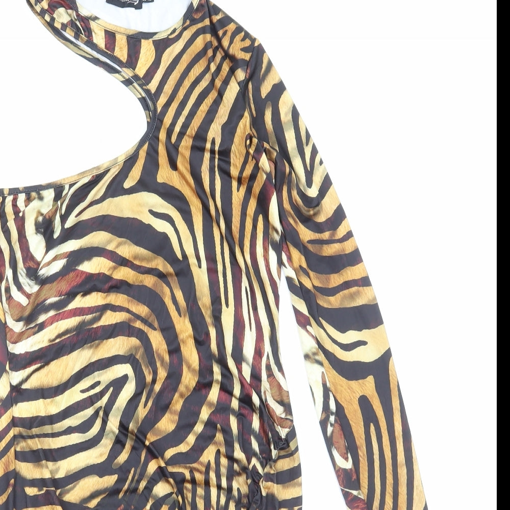 PRETTYLITTLETHING Womens Brown Animal Print Polyester Mini Size 12 One Shoulder Pullover