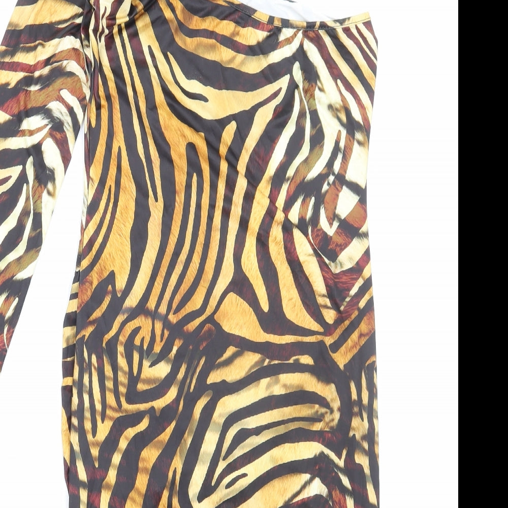 PRETTYLITTLETHING Womens Brown Animal Print Polyester Mini Size 12 One Shoulder Pullover