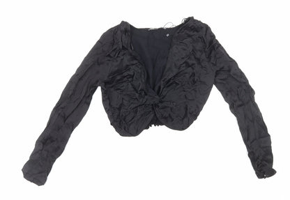 Zara Womens Black Polyester Cropped Blouse Size S V-Neck - Knot Front