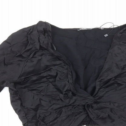 Zara Womens Black Polyester Cropped Blouse Size S V-Neck - Knot Front