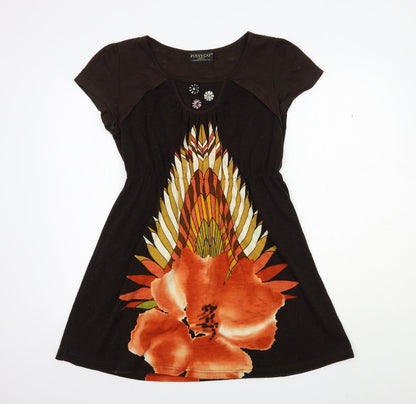 Pussycat London Womens Brown Floral Acrylic Fit & Flare Size L Scoop Neck Pullover