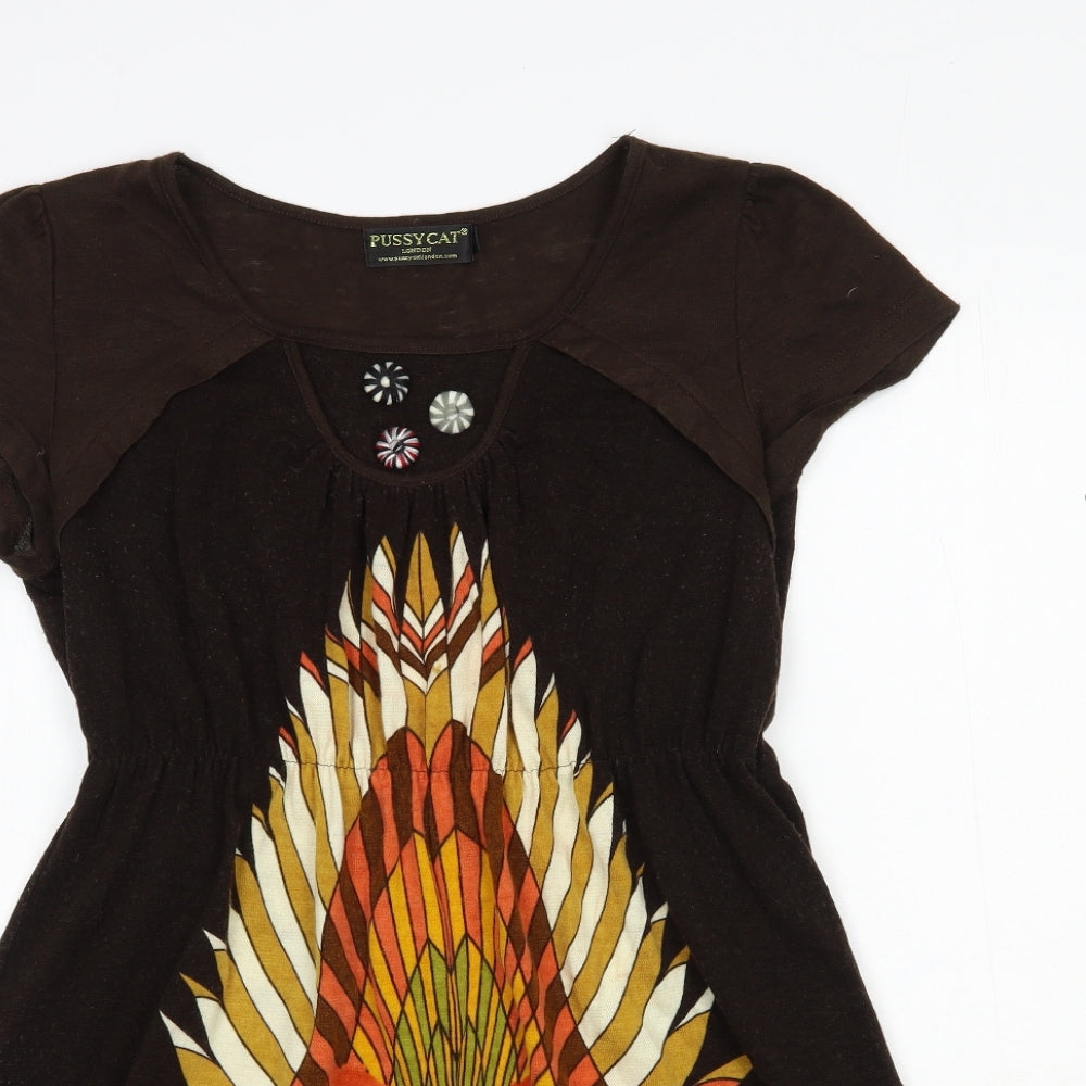 Pussycat London Womens Brown Floral Acrylic Fit & Flare Size L Scoop Neck Pullover