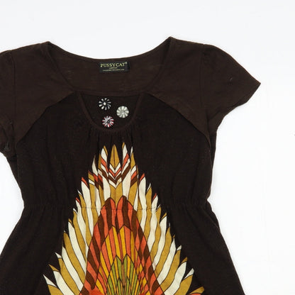 Pussycat London Womens Brown Floral Acrylic Fit & Flare Size L Scoop Neck Pullover