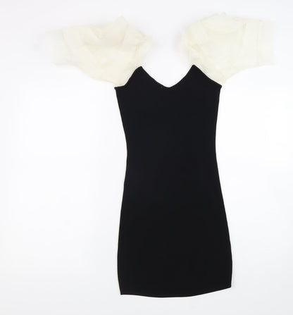 Zara Womens Black Polyester Bodycon Size XS V-Neck Pullover - Balloon Sleeves