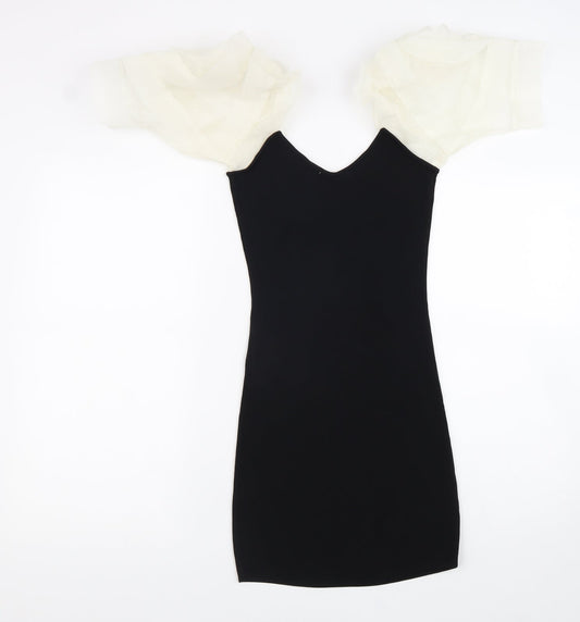 Zara Womens Black Polyester Bodycon Size XS V-Neck Pullover - Balloon Sleeves