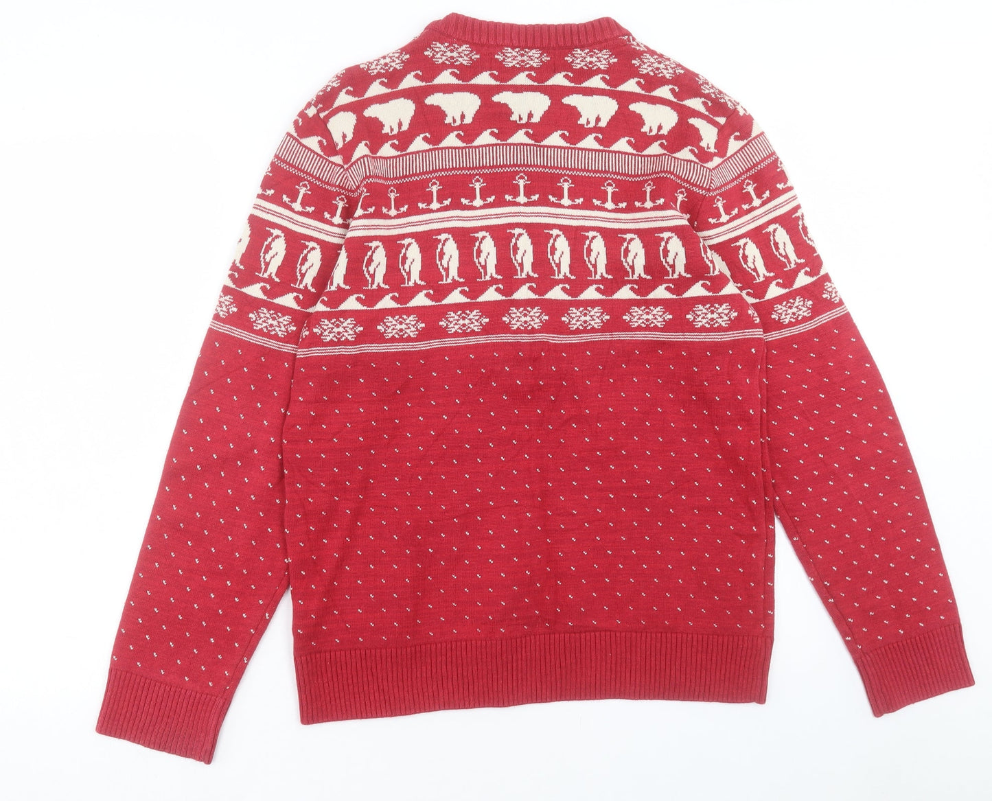 H&M Mens Red Round Neck Geometric Cotton Pullover Jumper Size M - Arctic Animals, Christmas