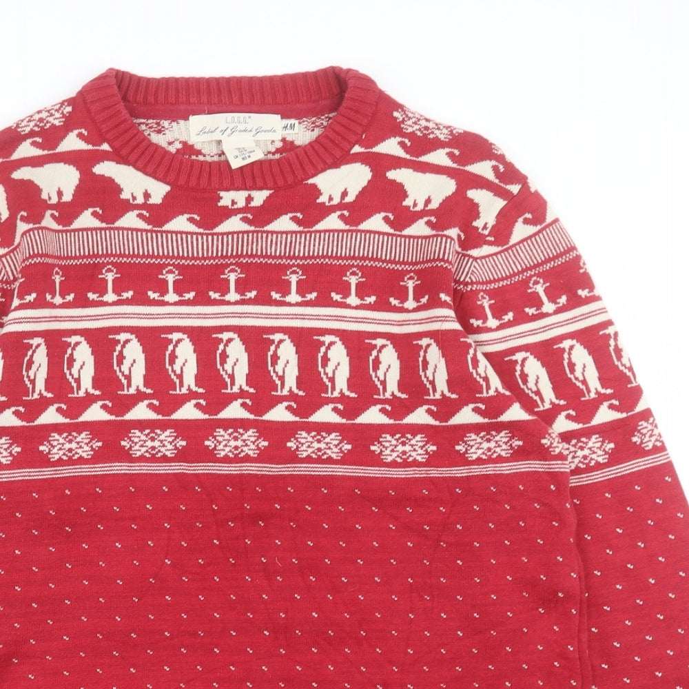 H&M Mens Red Round Neck Geometric Cotton Pullover Jumper Size M - Arctic Animals, Christmas