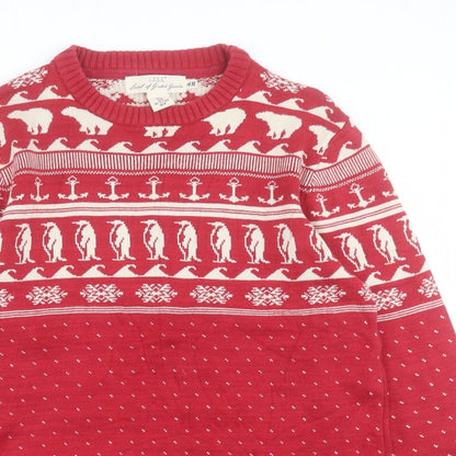H&M Mens Red Round Neck Geometric Cotton Pullover Jumper Size M - Arctic Animals, Christmas