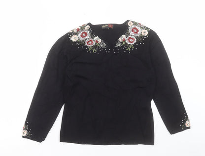 Stephan Womens Black V-Neck Viscose Pullover Jumper Size S - Flower Detail