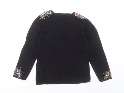 Stephan Womens Black V-Neck Viscose Pullover Jumper Size S - Flower Detail