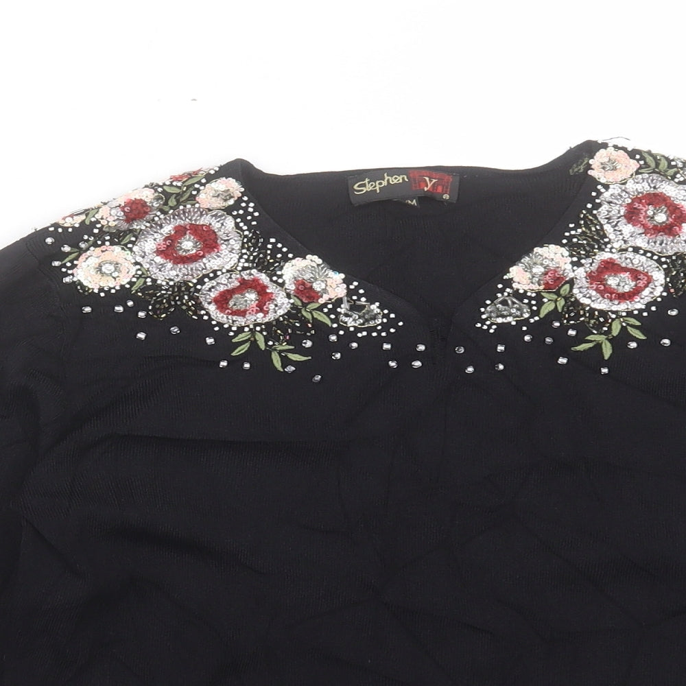 Stephan Womens Black V-Neck Viscose Pullover Jumper Size S - Flower Detail