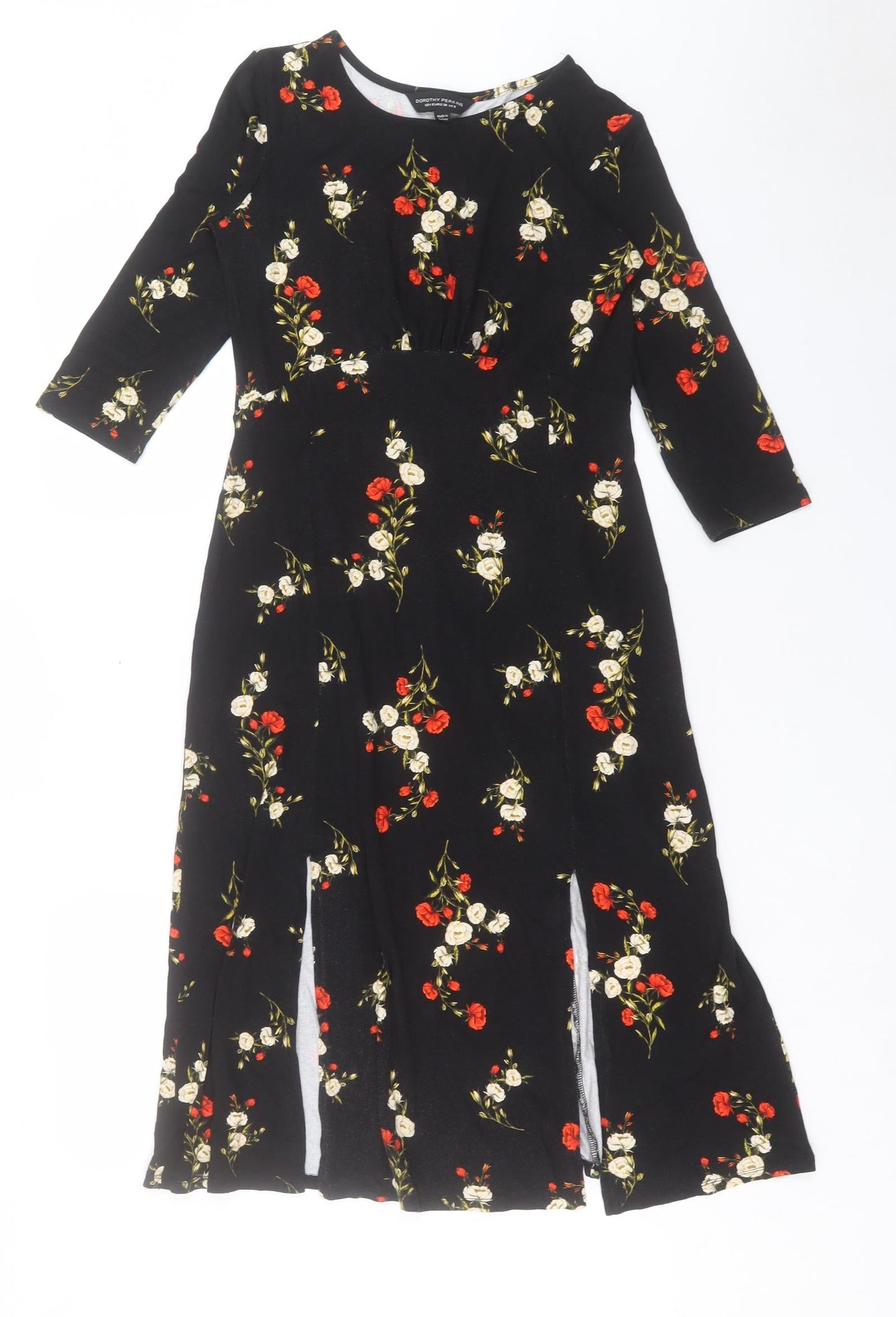 Dorothy Perkins Womens Black Floral Viscose A-Line Size 8 Round Neck Pullover - Slit