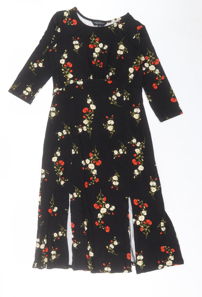 Dorothy Perkins Womens Black Floral Viscose A-Line Size 8 Round Neck Pullover - Slit