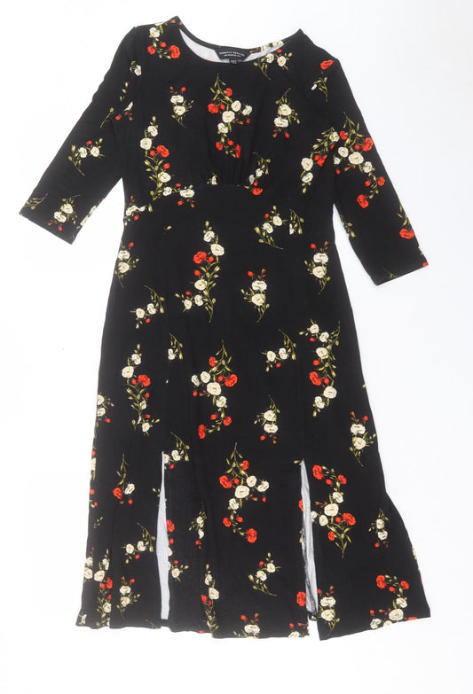Dorothy Perkins Womens Black Floral Viscose A-Line Size 8 Round Neck Pullover - Slit
