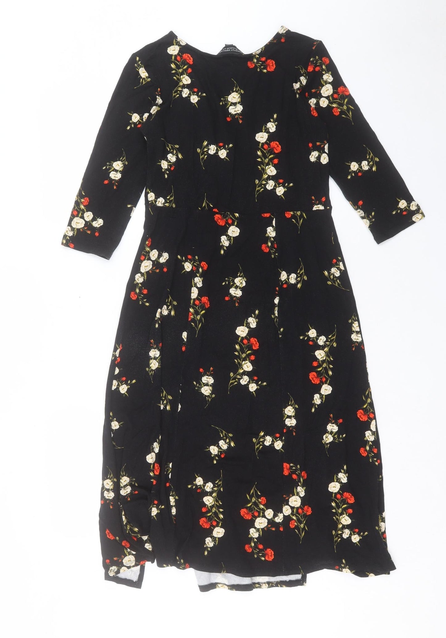 Dorothy Perkins Womens Black Floral Viscose A-Line Size 8 Round Neck Pullover - Slit