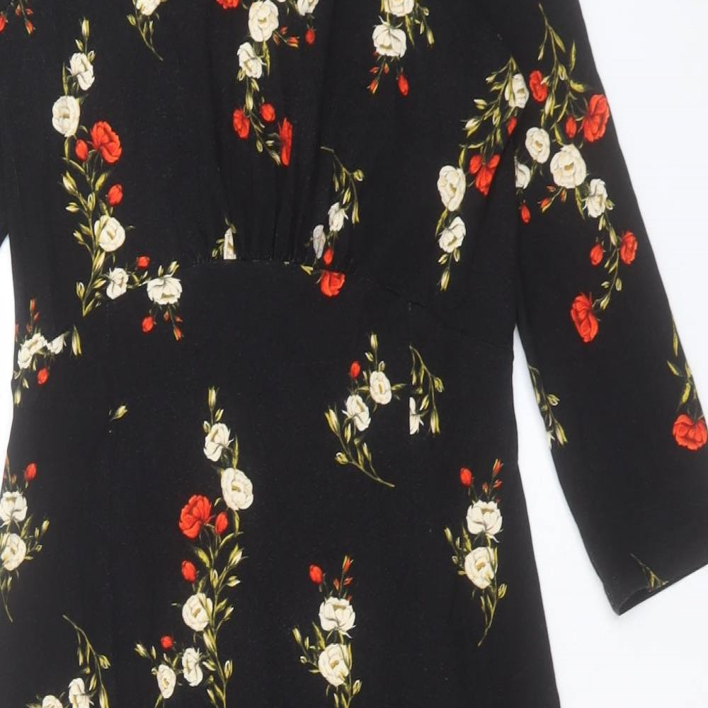 Dorothy Perkins Womens Black Floral Viscose A-Line Size 8 Round Neck Pullover - Slit