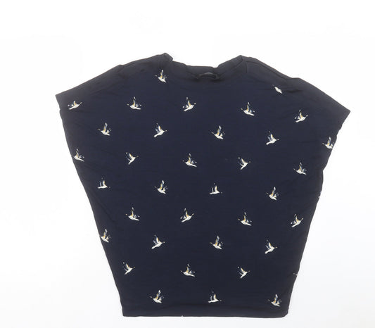 F&F Womens Blue Geometric Viscose Basic T-Shirt Size 8 Round Neck - Bird Print Cold Shoulder