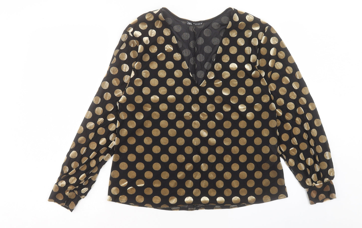 Zara Womens Black Polka Dot Polyester Basic Blouse Size S V-Neck
