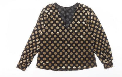 Zara Womens Black Polka Dot Polyester Basic Blouse Size S V-Neck