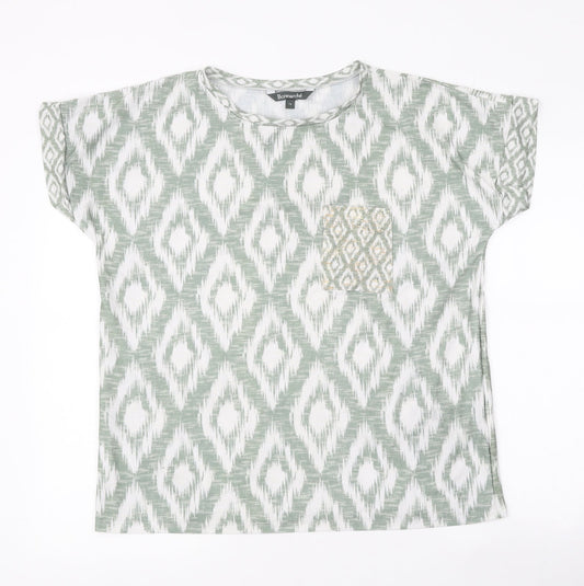 Bonmarché Womens Green Geometric Polyester Basic T-Shirt Size 14 Round Neck