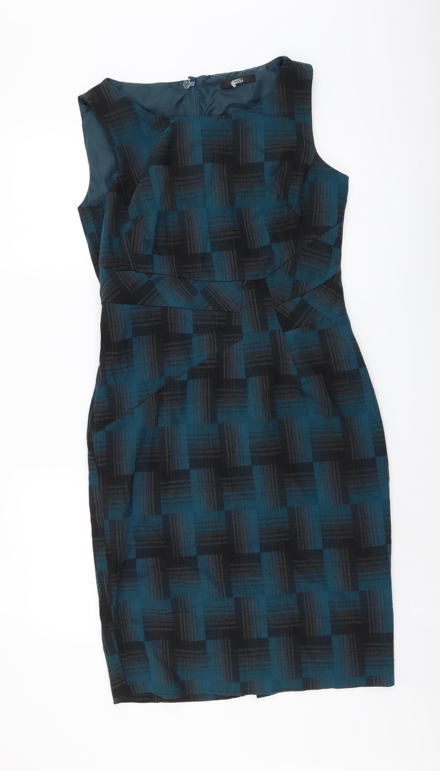 Marks and Spencer Womens Blue Geometric Polyester A-Line Size 10 Round Neck Zip
