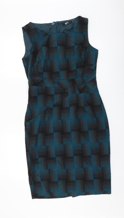 Marks and Spencer Womens Blue Geometric Polyester A-Line Size 10 Round Neck Zip