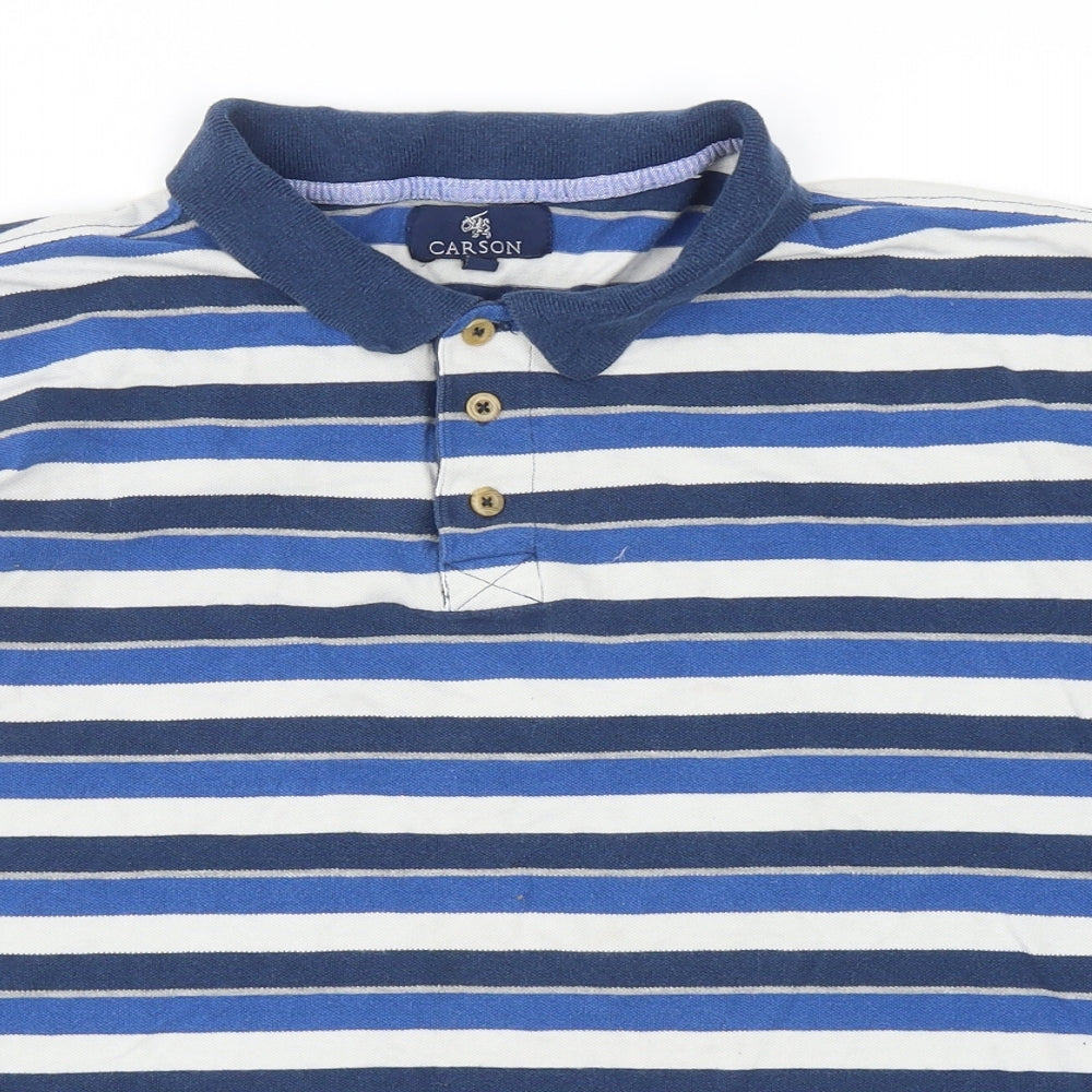 Carson Mens Blue Striped Cotton Polo Size M Collared Button