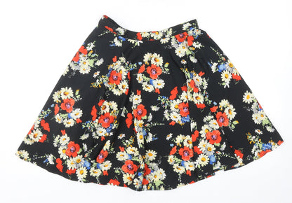 New Look Womens Black Floral Polyester Skater Skirt Size 8 Zip